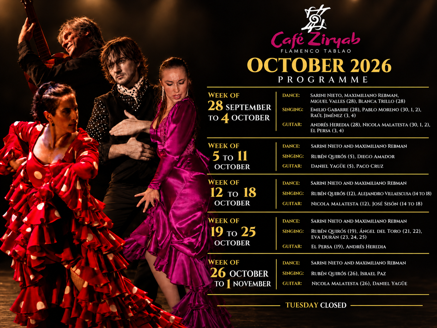Flamenco show Madrid October 2026 programme at Café Ziryab
