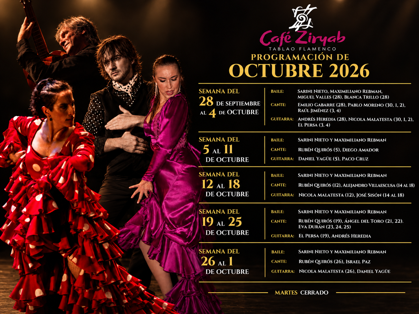 Programación de flamenco en Madrid octubre 2026 en Tablao Flamenco Café Ziryab
