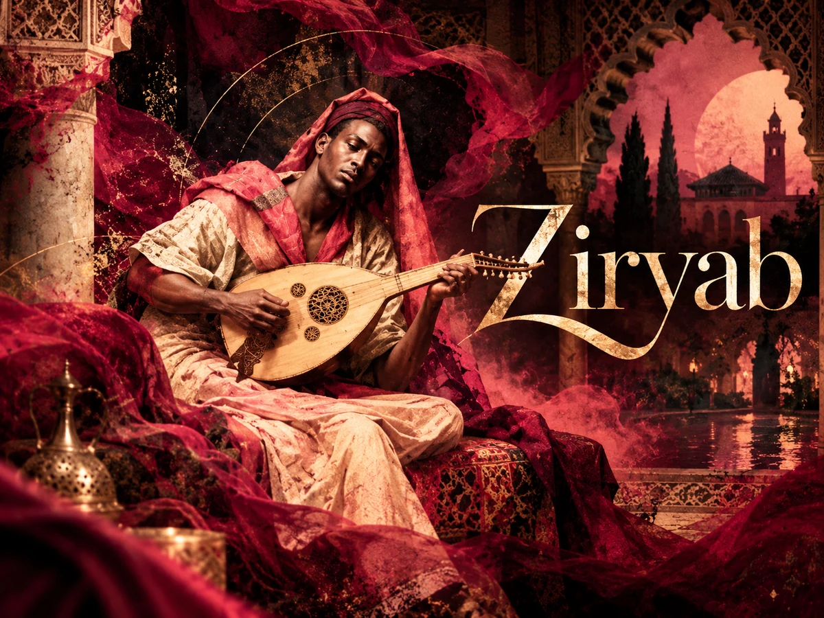 Ilustración de Ziryab tocando un laúd entre arcos de inspiración andalusí